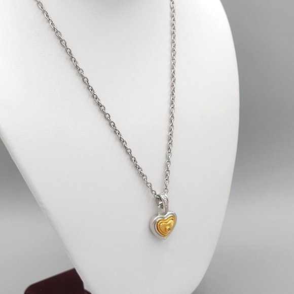 Silver Tone Mini Heart Pendant Necklace Gold Charm Round Link Chain 16 in - Picture 4 of 9